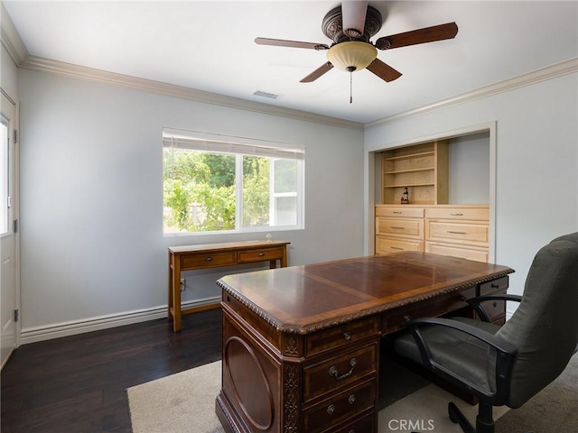 30229 Kingsridge Dr, Rancho Palos Verdes, CA 90275 - home office featuring crown molding, dark wood finished floors, baseboards, and ceiling fan