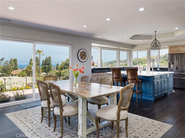 30229 Kingsridge Dr, Rancho Palos Verdes, CA 90275 - dining room with ornamental molding, dark wood-style flooring, recessed lighting, and a raised ceiling