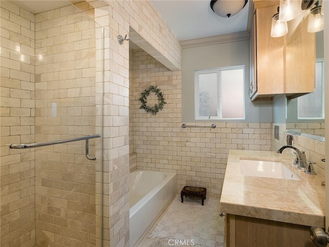 30229 Kingsridge Dr, Rancho Palos Verdes, CA 90275 - full bath featuring ornamental molding, a bath, a shower stall, vanity, and tile walls