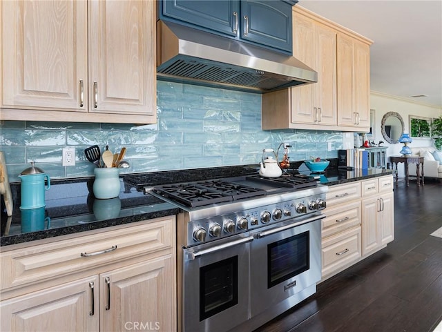 30229 Kingsridge Dr, Rancho Palos Verdes, CA 90275 - kitchen featuring double oven range, under cabinet range hood, light brown cabinetry, backsplash, and ornamental molding