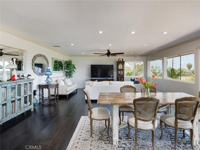 30229 Kingsridge Dr, Rancho Palos Verdes, CA 90275 - dining area featuring ceiling fan, ornamental molding, wood-type flooring, and recessed lighting