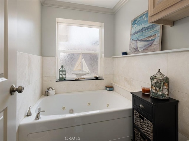 30229 Kingsridge Dr, Rancho Palos Verdes, CA 90275 - bathroom with crown molding, a tub with jets, and tile walls