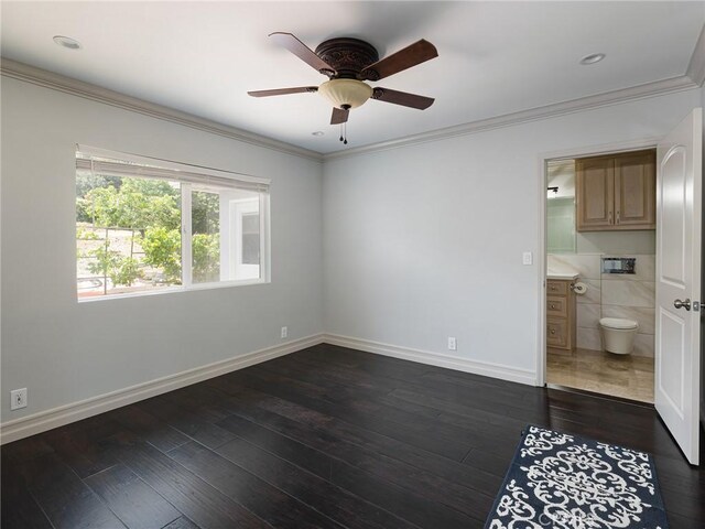 30229 Kingsridge Dr, Rancho Palos Verdes, CA 90275 - unfurnished bedroom featuring dark wood-style flooring, ornamental molding, baseboards, and connected bathroom