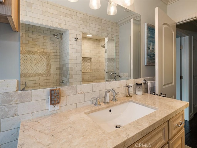 30229 Kingsridge Dr, Rancho Palos Verdes, CA 90275 - bathroom featuring a shower stall, vanity, and ornamental molding