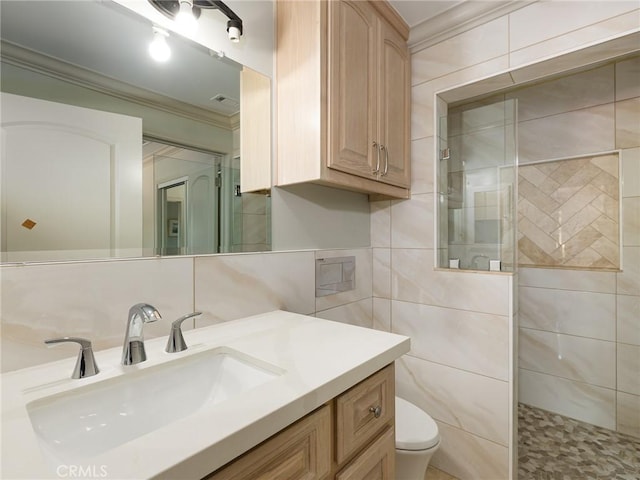 30229 Kingsridge Dr, Rancho Palos Verdes, CA 90275 - full bath with walk in shower, crown molding, vanity, toilet, and tile walls