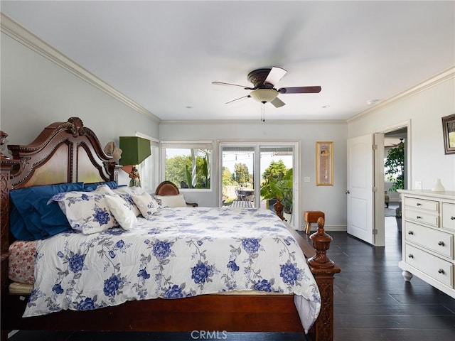 30229 Kingsridge Dr, Rancho Palos Verdes, CA 90275 - bedroom featuring access to outside, crown molding, dark wood-style floors, baseboards, and ceiling fan