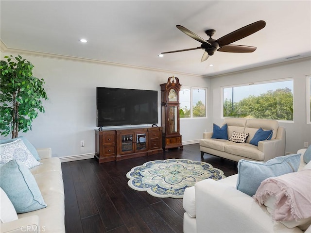 30229 Kingsridge Dr, Rancho Palos Verdes, CA 90275 - living area featuring a ceiling fan, wood-type flooring, baseboards, crown molding, and recessed lighting