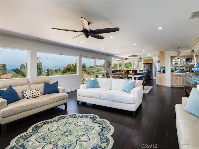 30229 Kingsridge Dr, Rancho Palos Verdes, CA 90275 - living room featuring dark wood-style floors, ceiling fan, recessed lighting, and ornamental molding