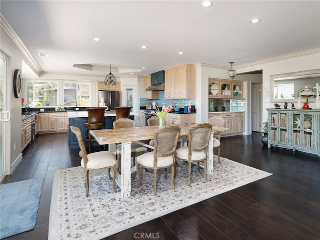 30229 Kingsridge Dr, Rancho Palos Verdes, CA 90275 - dining space with crown molding, a tray ceiling, dark wood-style floors, and recessed lighting