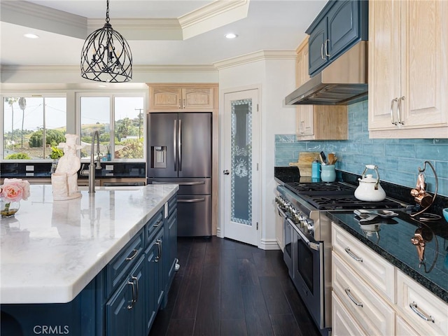 30229 Kingsridge Dr, Rancho Palos Verdes, CA 90275 - kitchen featuring appliances with stainless steel finishes, under cabinet range hood, blue cabinets, decorative backsplash, and recessed lighting
