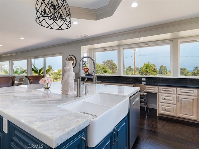 30229 Kingsridge Dr, Rancho Palos Verdes, CA 90275 - kitchen featuring blue cabinets, a sink, ornamental molding, dishwasher, and recessed lighting