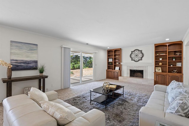 2745 La Gran Via, Carlsbad, CA 92009 - carpeted living area with ornamental molding, a fireplace, recessed lighting, and built in features