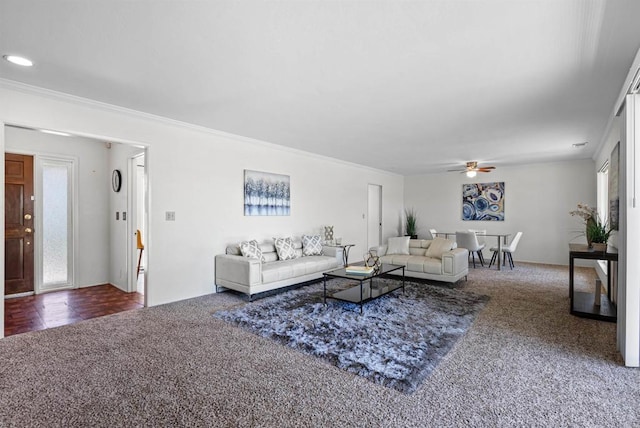 2745 La Gran Via, Carlsbad, CA 92009 - living area featuring carpet flooring, a ceiling fan, and ornamental molding
