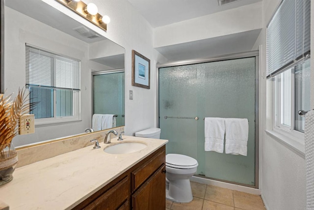 2745 La Gran Via, Carlsbad, CA 92009 - bathroom with toilet, tile patterned floors, vanity, and a stall shower