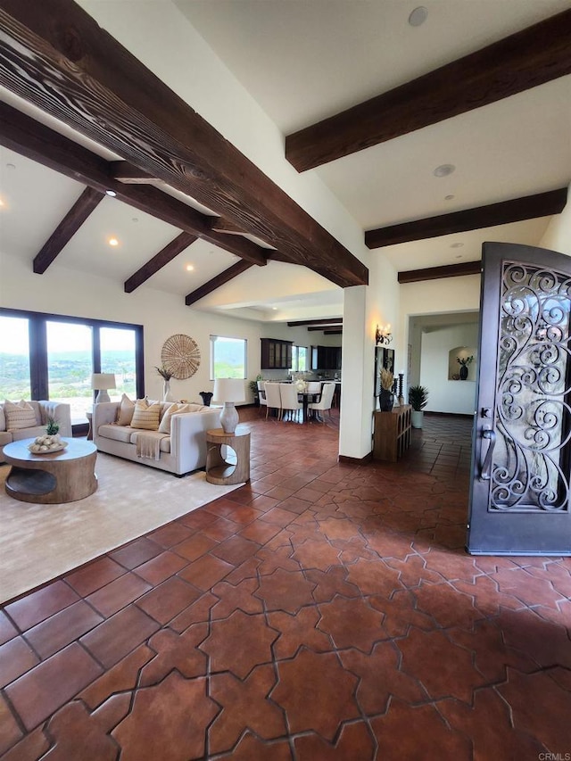 1010 Willowcreek Ln, Fallbrook, CA 92028 - living area featuring beamed ceiling and recessed lighting