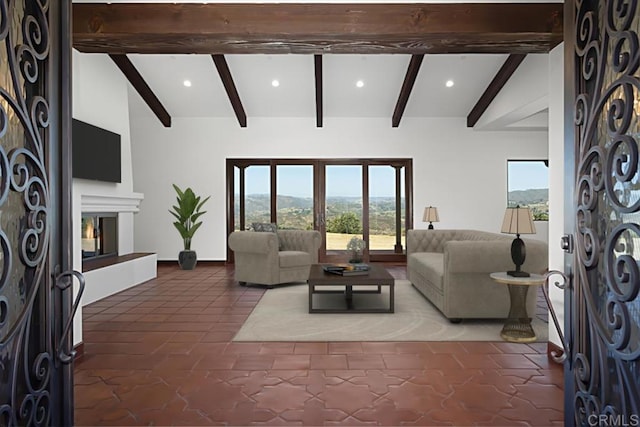 1010 Willowcreek Ln, Fallbrook, CA 92028 - living area featuring a glass covered fireplace and recessed lighting