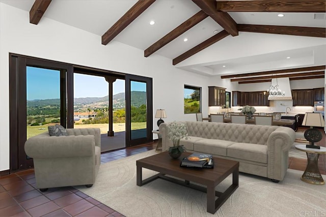 1010 Willowcreek Ln, Fallbrook, CA 92028 - living room with recessed lighting, light tile patterned floors, a chandelier, and a mountain view
