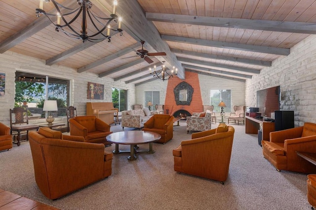3314 Via Altamira, Fallbrook, CA 92028 - carpeted living room with a chandelier, wooden ceiling, and a large fireplace