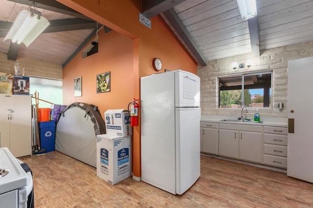 3314 Via Altamira, Fallbrook, CA 92028 - kitchen featuring freestanding refrigerator, a sink, wooden ceiling, light wood-type flooring, and light countertops