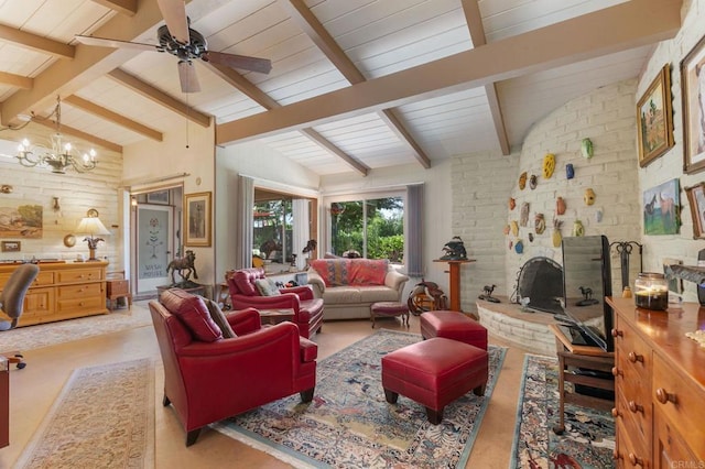 3314 Via Altamira, Fallbrook, CA 92028 - living room with a ceiling fan, a brick fireplace, wooden ceiling, a chandelier, and brick wall