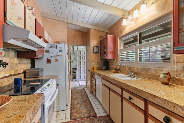 3314 Via Altamira, Fallbrook, CA 92028 - kitchen with white dishwasher, electric stove, under cabinet range hood, a sink, and decorative backsplash