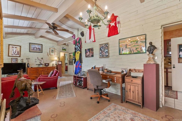 3314 Via Altamira, Fallbrook, CA 92028 - home office with ceiling fan, brick wall, and a chandelier