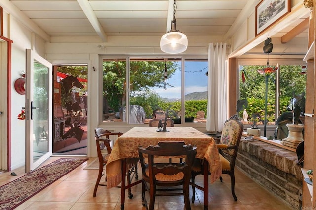 3314 Via Altamira, Fallbrook, CA 92028 - sunroom featuring tile patterned floors, wood ceiling with exposed beams, and a mountain view