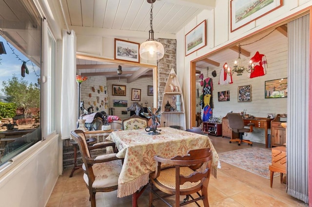 3314 Via Altamira, Fallbrook, CA 92028 - dining area with an office area, light tile patterned floors, and wood ceiling with exposed beams