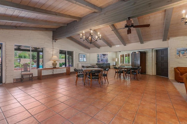 3314 Via Altamira, Fallbrook, CA 92028 - dining area with wood ceiling, light tile patterned floors, a chandelier, and ceiling fan