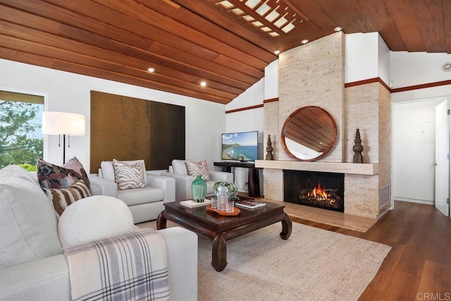 1859 Zapo St, Del Mar, CA 92014 - living area with wood ceiling, wood finished floors, a large fireplace, high vaulted ceiling, and recessed lighting