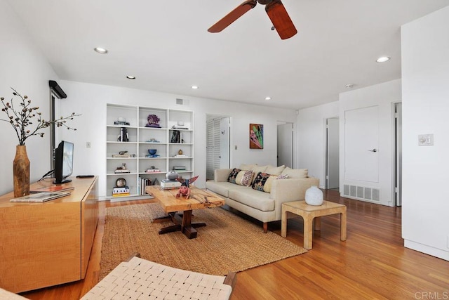 1859 Zapo St, Del Mar, CA 92014 - living area featuring a ceiling fan, wood finished floors, and recessed lighting