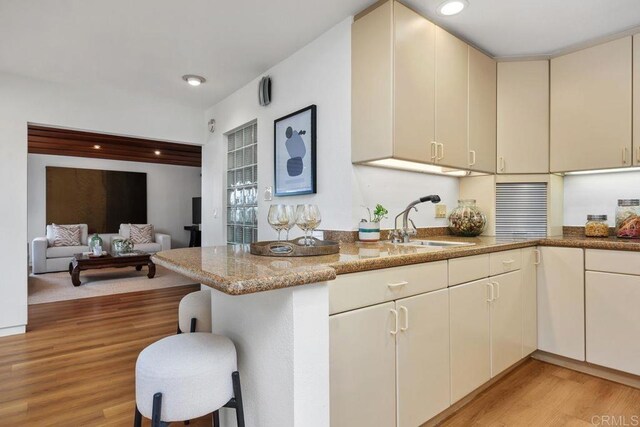 1859 Zapo St, Del Mar, CA 92014 - kitchen featuring light wood-type flooring, cream cabinetry, a kitchen bar, light stone countertops, and open floor plan