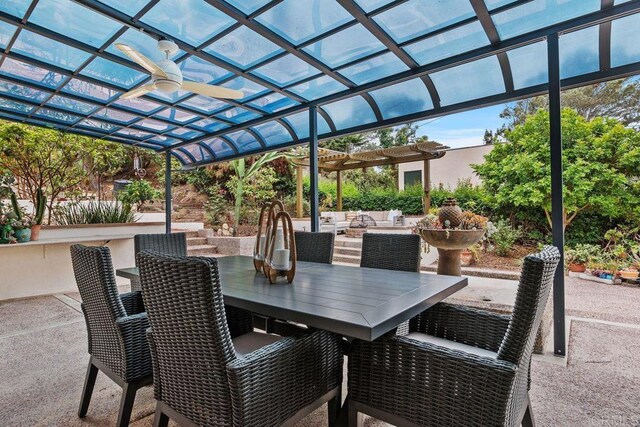 1859 Zapo St, Del Mar, CA 92014 - view of patio with a pergola, a ceiling fan, and outdoor dining area