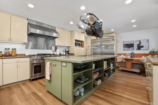 1859 Zapo St, Del Mar, CA 92014 - kitchen featuring wall chimney range hood, high quality appliances, open shelves, green cabinets, and recessed lighting