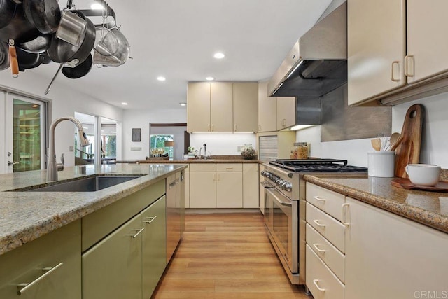 1859 Zapo St, Del Mar, CA 92014 - kitchen with stainless steel appliances, extractor fan, light wood-style flooring, recessed lighting, and light stone countertops
