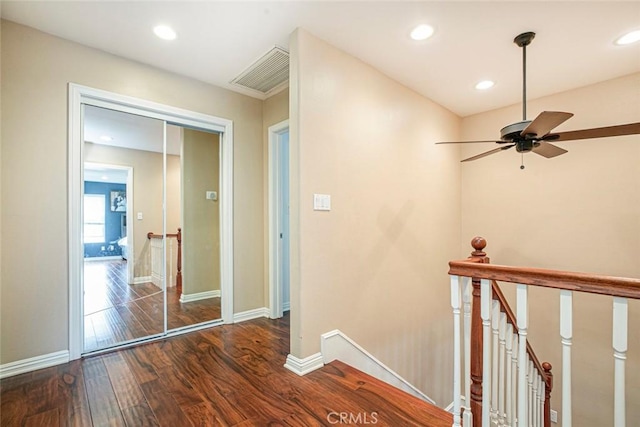7129 Forbes Ave, Van Nuys, CA 91406 - corridor with an upstairs landing, baseboards, wood finished floors, and recessed lighting