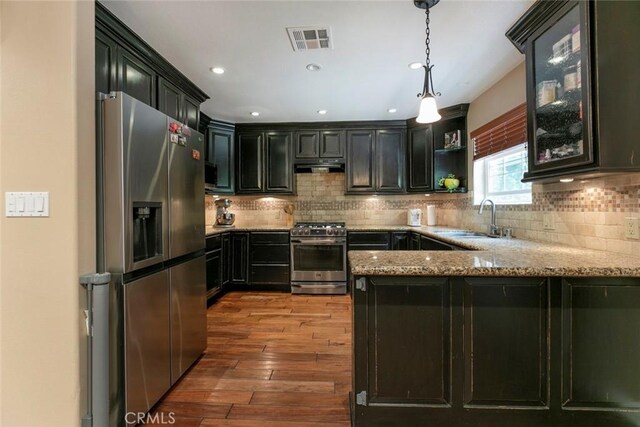7129 Forbes Ave, Van Nuys, CA 91406 - kitchen with stainless steel appliances, a peninsula, a sink, light stone counters, and wood finished floors