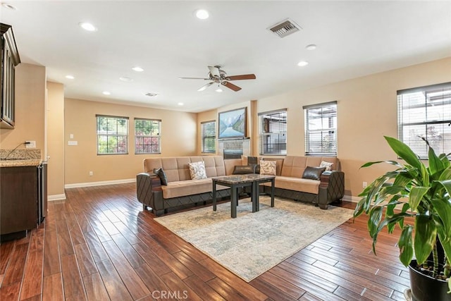 7129 Forbes Ave, Van Nuys, CA 91406 - living room featuring dark wood-style floors, baseboards, ceiling fan, and recessed lighting