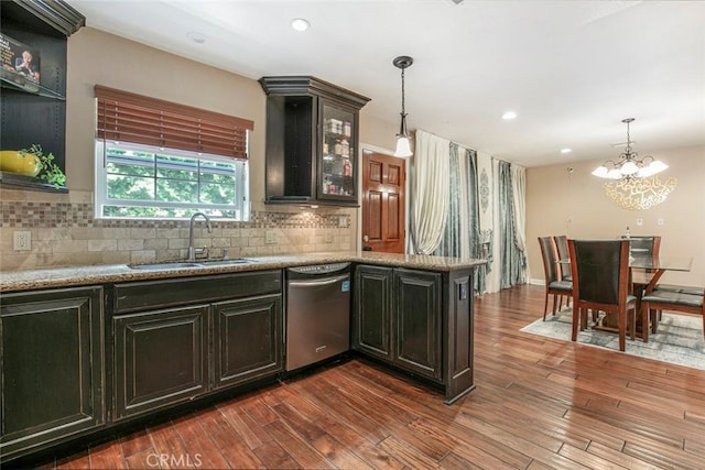 7129 Forbes Ave, Van Nuys, CA 91406 - kitchen featuring stainless steel dishwasher, a sink, open shelves, dark wood-style flooring, and recessed lighting