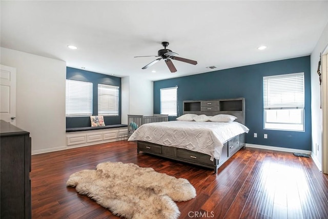 7129 Forbes Ave, Van Nuys, CA 91406 - bedroom with multiple windows, wood finished floors, baseboards, a ceiling fan, and recessed lighting