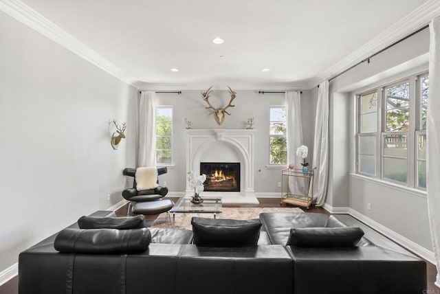 14220 Green Valley Ct, Scripps Miramar, CA 92131 - living room featuring plenty of natural light, a glass covered fireplace, crown molding, wood finished floors, and recessed lighting