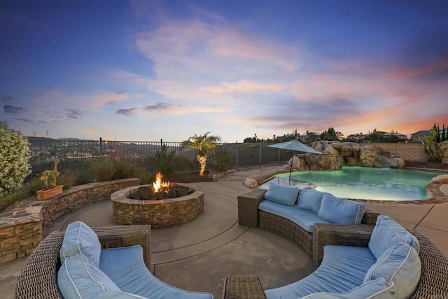 14220 Green Valley Ct, Scripps Miramar, CA 92131 - fenced backyard with an outdoor living space with a fire pit and a patio area