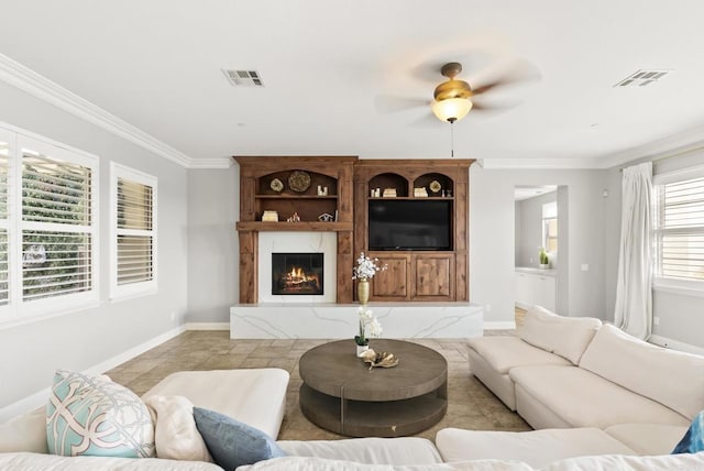 14220 Green Valley Ct, Scripps Miramar, CA 92131 - living area featuring ornamental molding, ceiling fan, baseboards, and a fireplace