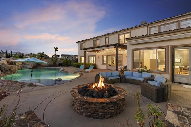 14220 Green Valley Ct, Scripps Miramar, CA 92131 - outdoor pool with a patio, french doors, and an outdoor living space with a fire pit