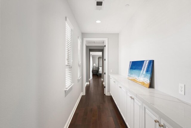 14220 Green Valley Ct, Scripps Miramar, CA 92131 - hallway featuring dark wood-style flooring, baseboards, and recessed lighting