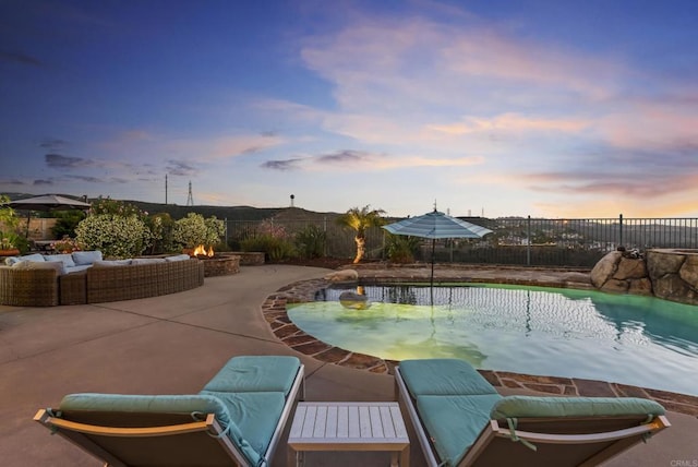 14220 Green Valley Ct, Scripps Miramar, CA 92131 - view of pool featuring an outdoor living space with a fire pit, a fenced backyard, and a patio
