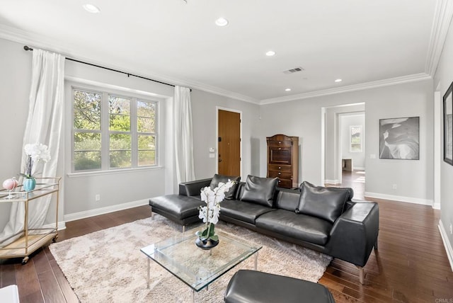14220 Green Valley Ct, Scripps Miramar, CA 92131 - living area with crown molding, dark wood finished floors, recessed lighting, and baseboards
