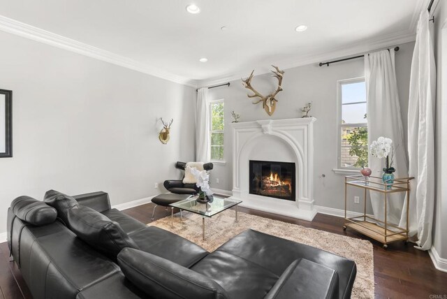 14220 Green Valley Ct, Scripps Miramar, CA 92131 - living area with dark wood finished floors, crown molding, recessed lighting, a glass covered fireplace, and baseboards
