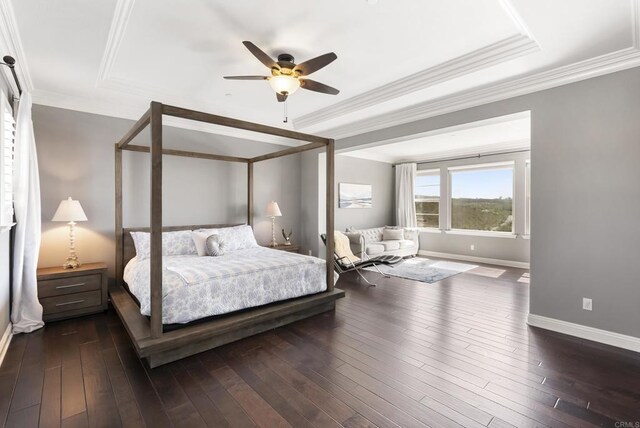 14220 Green Valley Ct, Scripps Miramar, CA 92131 - bedroom with a tray ceiling, baseboards, ornamental molding, dark wood-type flooring, and a ceiling fan