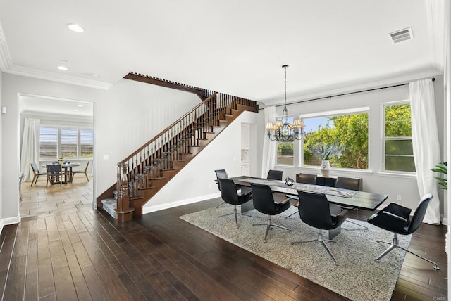 14220 Green Valley Ct, Scripps Miramar, CA 92131 - dining room with stairway, healthy amount of natural light, baseboards, crown molding, and recessed lighting